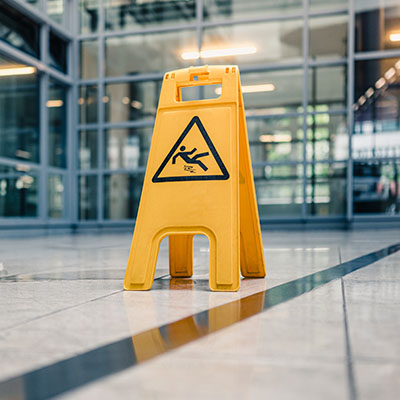 A wet floor sign in the lobby of a business office.