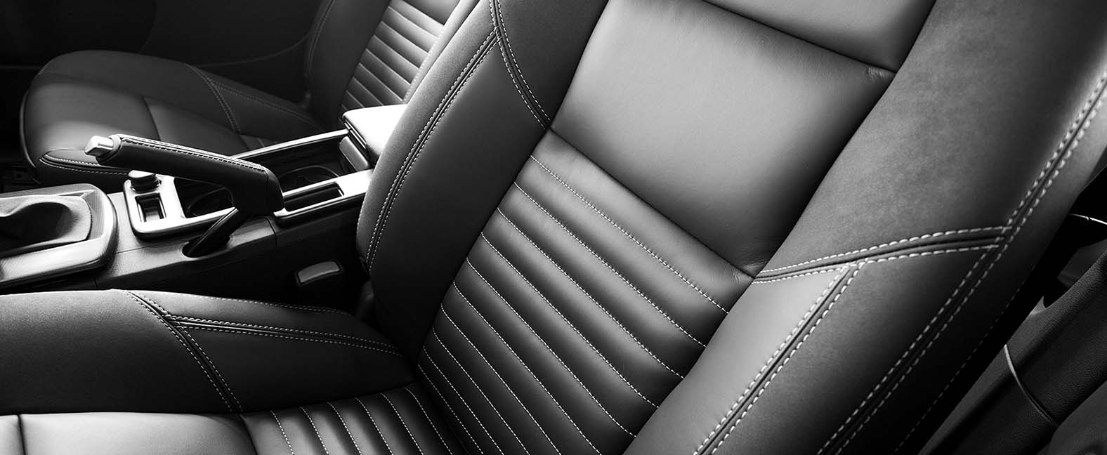 Leather interior of a luxury vehicle.
