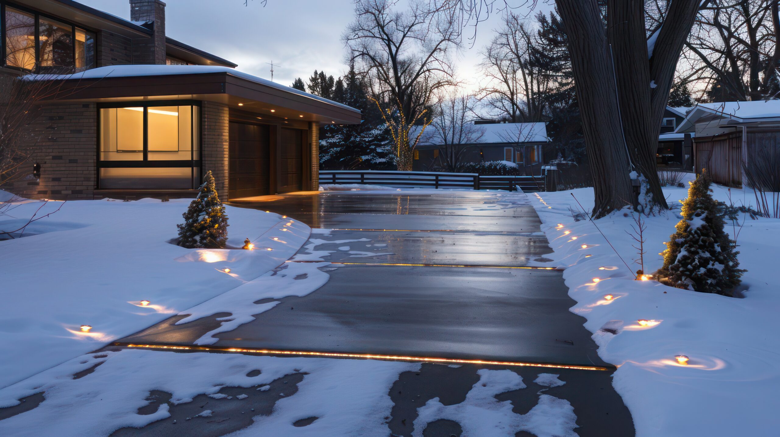 Snow melting around a house during season transition into spring. With snow and water surrounding the home on both sides.